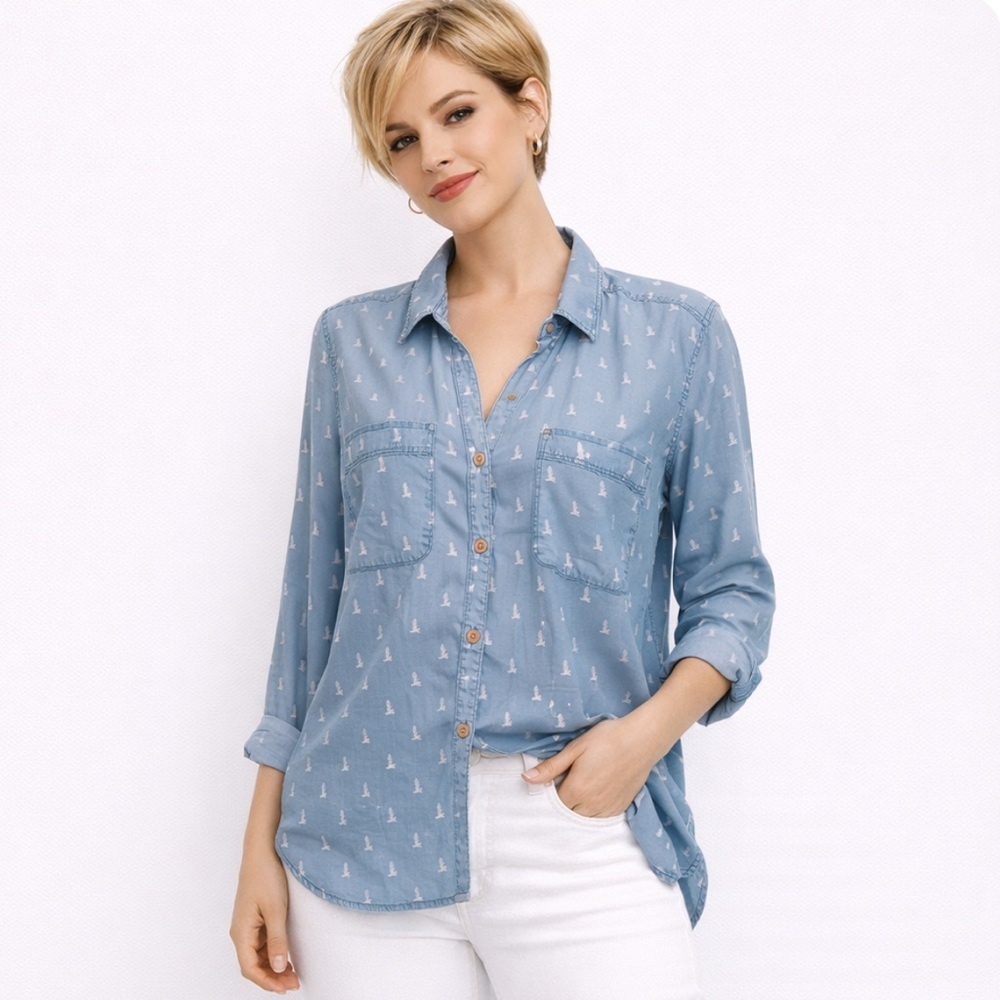 Blossom Blue Sailboat Print Button-Up Shirt Long Sleeve Size Large
